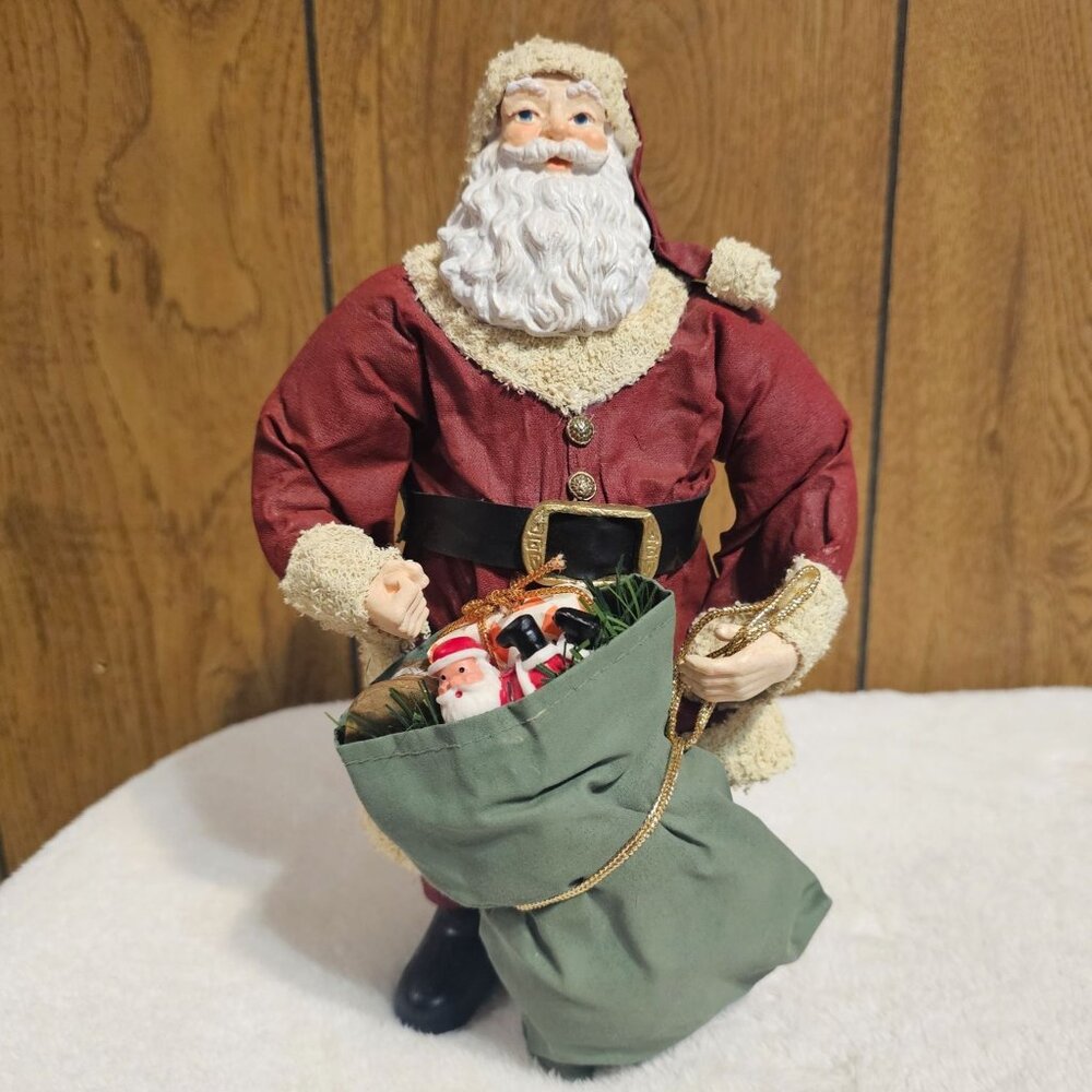 Vintage Fabric Mache 10" Santa Claus Figure Holding Bag of Toys Great Condition